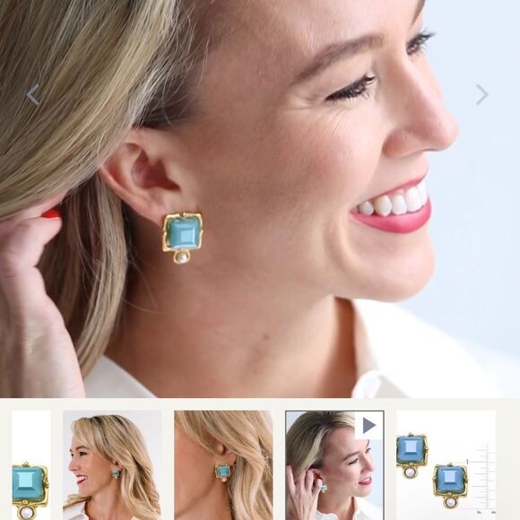 Gold and teal Square Stud Earrings - Picture 3 of 3